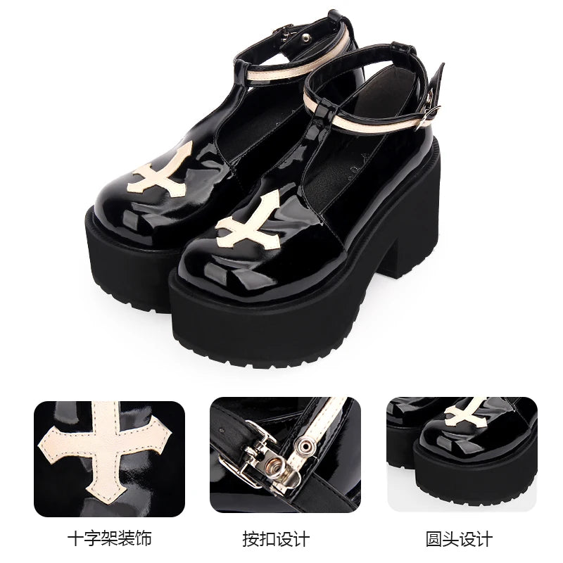 Goth Platform Black Punk Lolita Shoes Pattern Design Round-toe Japanese Gothic Girl Loli Shoes Anime Cosplay High Heel