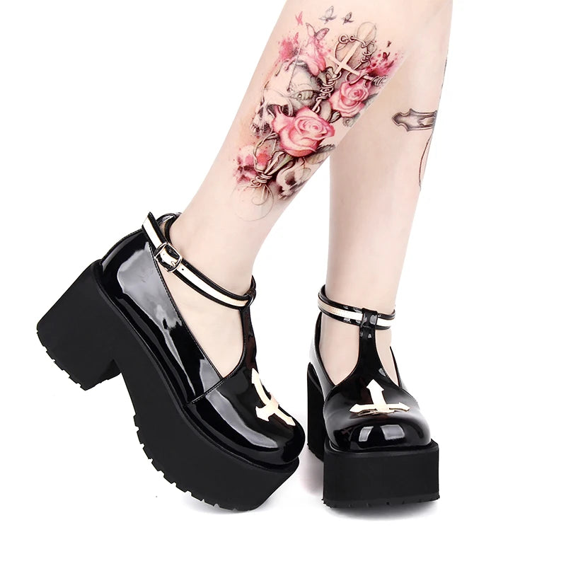 Goth Platform Black Punk Lolita Shoes Pattern Design Round-toe Japanese Gothic Girl Loli Shoes Anime Cosplay High Heel