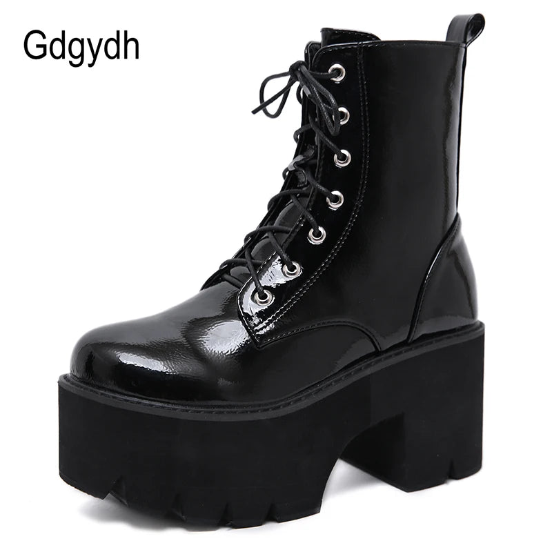 Gdgydh Woman Lace Autumn Boots Womens Ladies Chunky Wedge Platform Black Patent Leather Ankle Boots Punk Goth Shoes Lace Up