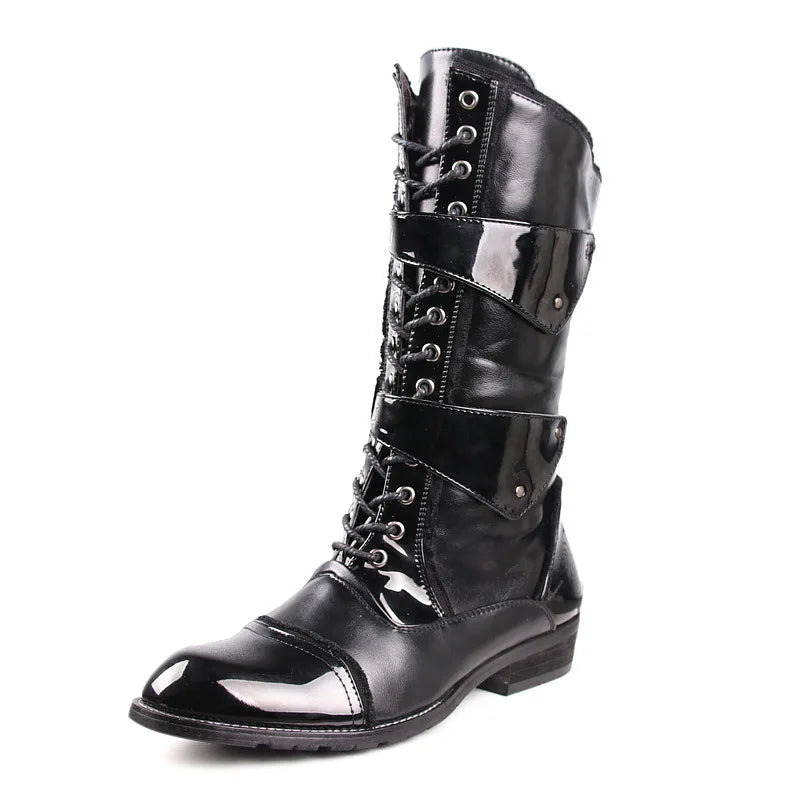 men's luxury fashion high motorcycle boots black stylish original leather shoes punk goth dress brand designer long botas hombre