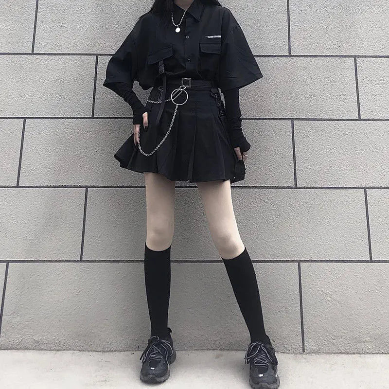 Y2K Gothic Shirt Set Skirt Women Emo Scene Harajuku Grunge Clothes Egirl Techwear Skirt BF Top Aesthetic Jupe Femme Mall Goth