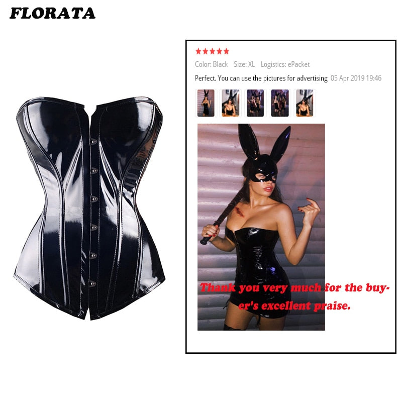 Sexy Black PVC Overbust Corset Steampunk  Basque Lingerie Top - Goth Rock Corset Sexy Leather Waist Trainer Corset for women