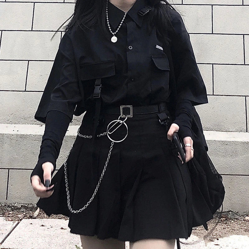 Y2K Gothic Shirt Set Skirt Women Emo Scene Harajuku Grunge Clothes Egirl Techwear Skirt BF Top Aesthetic Jupe Femme Mall Goth