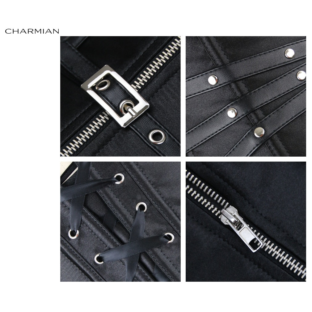 Charmian Steampunk Leather Corset Top Women Sexy Gothic Satin Boned Rivet Buckle Zipper Overbust Corset Bustier Plus Size Goth