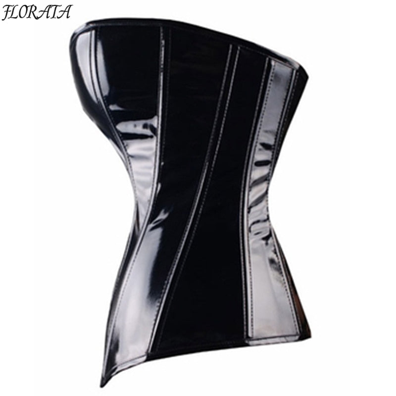 Sexy Black PVC Overbust Corset Steampunk  Basque Lingerie Top - Goth Rock Corset Sexy Leather Waist Trainer Corset for women