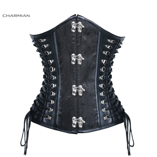 Charmian Steampunk Leather Corset Women Vintage Plus Size Spiral Steel Boned PVC Corset Underbust Waist Trainer Goth Bustiers