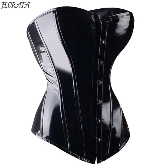 Sexy Black PVC Overbust Corset Steampunk  Basque Lingerie Top - Goth Rock Corset Sexy Leather Waist Trainer Corset for women