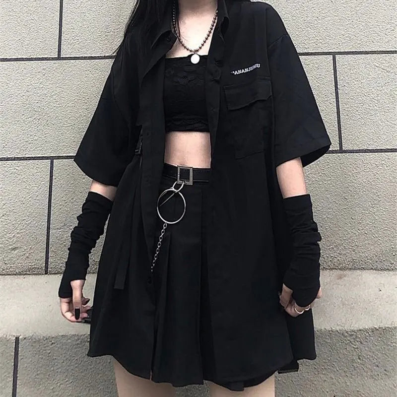 Y2K Gothic Shirt Set Skirt Women Emo Scene Harajuku Grunge Clothes Egirl Techwear Skirt BF Top Aesthetic Jupe Femme Mall Goth