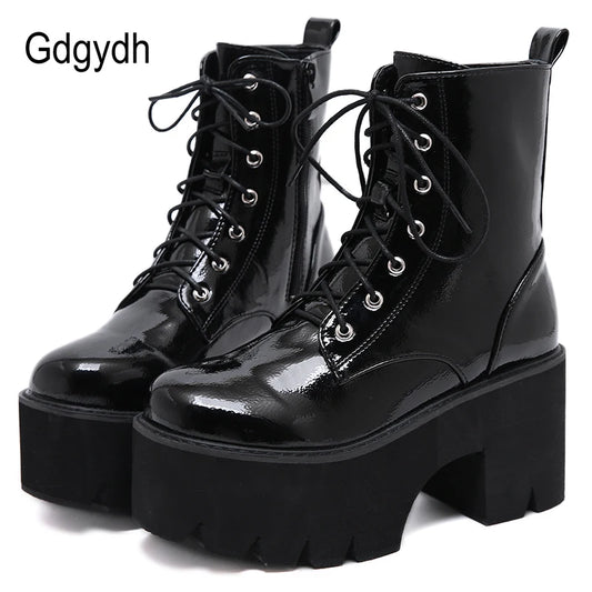 Gdgydh Woman Lace Autumn Boots Womens Ladies Chunky Wedge Platform Black Patent Leather Ankle Boots Punk Goth Shoes Lace Up