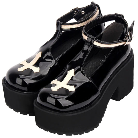 Goth Platform Black Punk Lolita Shoes Pattern Design Round-toe Japanese Gothic Girl Loli Shoes Anime Cosplay High Heel