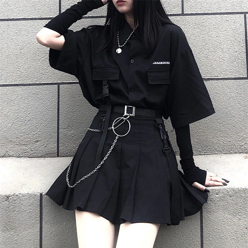 Y2K Gothic Shirt Set Skirt Women Emo Scene Harajuku Grunge Clothes Egirl Techwear Skirt BF Top Aesthetic Jupe Femme Mall Goth