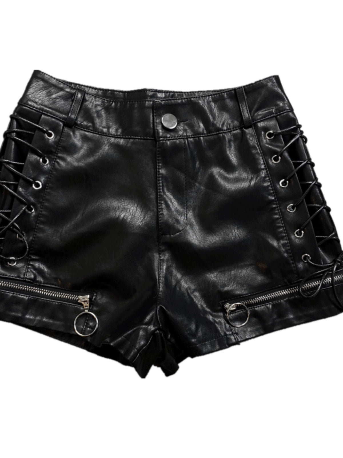 Fashion Tie Zipper PU Leather High Waist A- line Hot Pants