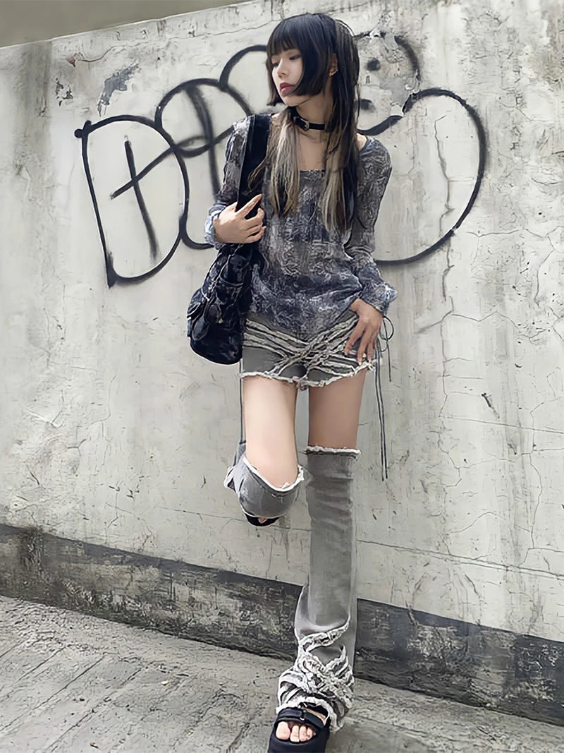 ReddaChic Gyaru Japanese Y2k Harajuku Emo Gray Denim Shorts and Knee-long Socks Women Leg Warmers 2-Piece Set Girl Acubi Fashion