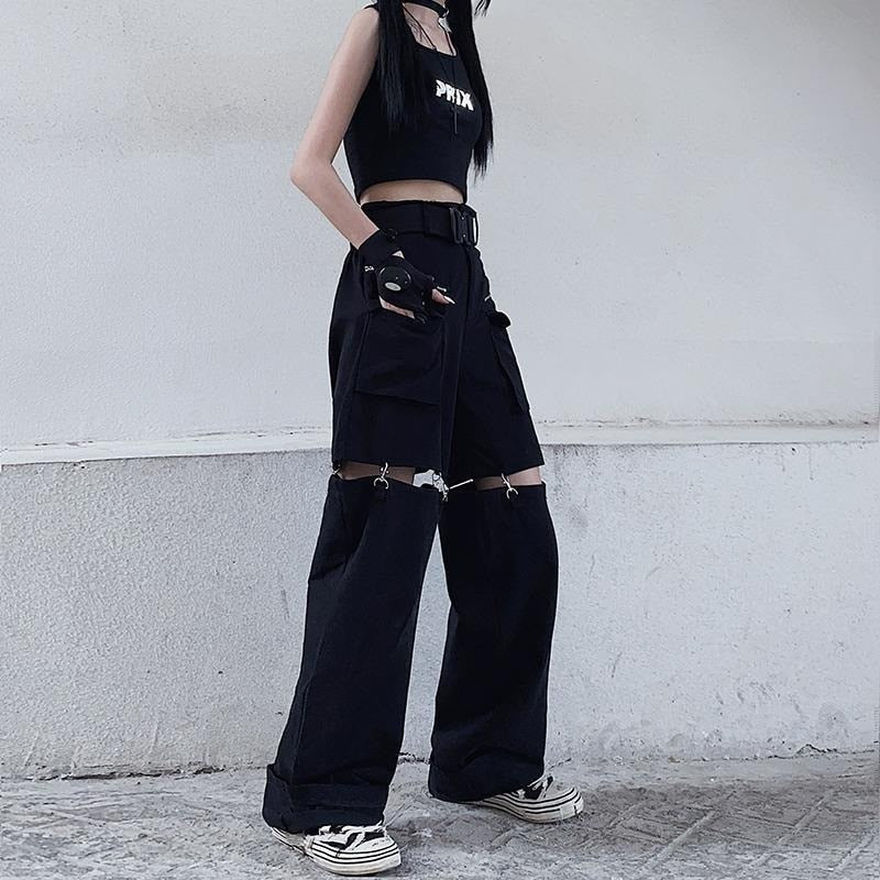 Deeptown Gothic Techwear Emo Black Cargo Pants Women Punk Oversize Hollow Out Wide Leg Pocket Trousers for Female Goth Hip Hop