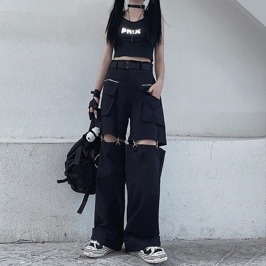 Deeptown Gothic Techwear Emo Black Cargo Pants Women Punk Oversize Hollow Out Wide Leg Pocket Trousers for Female Goth Hip Hop