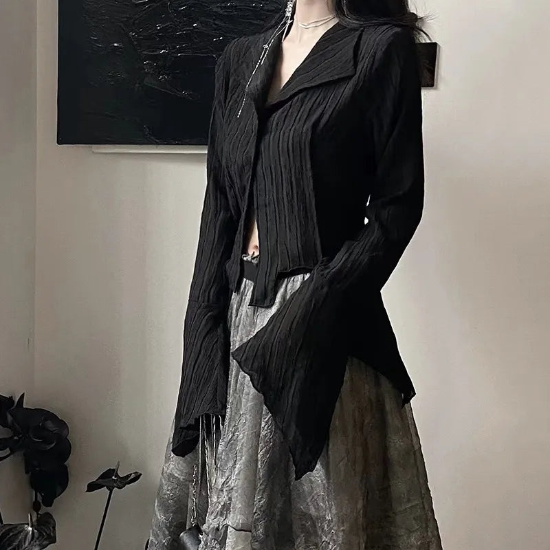 Karrram Gothic Black Shirt Yamamoto Style Dark Aesthetic Blouse Women Irregular Designer Clothes Emo Alt Clothes Grunge Tops Y2k