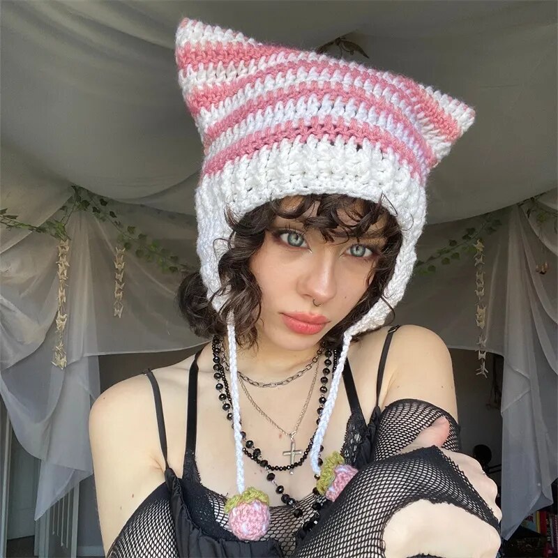 E Girls Gothic Kawaii Cat Ear Stripe Knitted Hats Winter Warm Fairy Grunge Emo Y2K Accessories 00s Retro Crochet Caps Streetwear