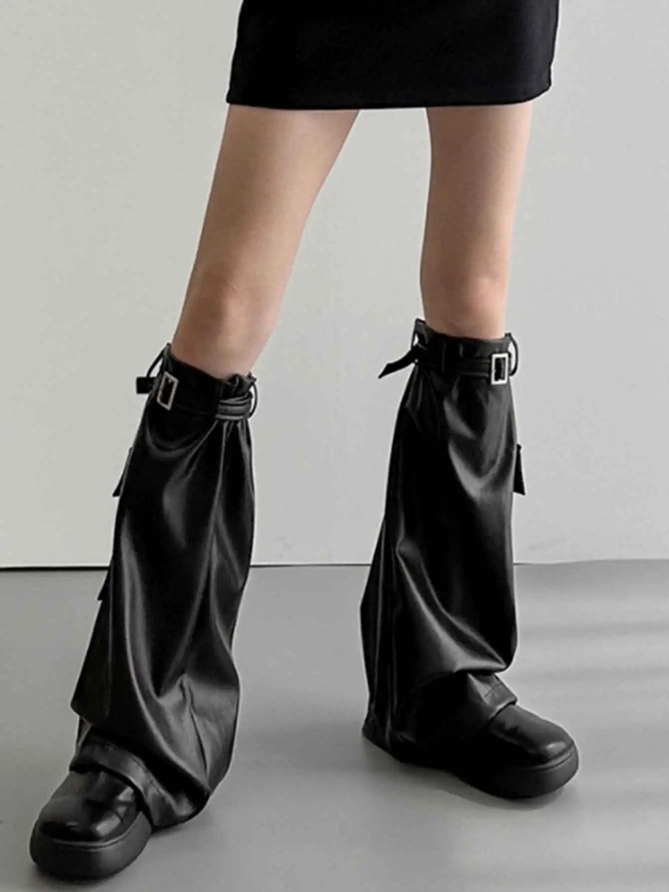 2023 Emo Black Faux Leather Girl Boots Cover Cargo Pockets Basic Solid Thigh-high Socks Long Flare Leg Warmers Women's Gaiter