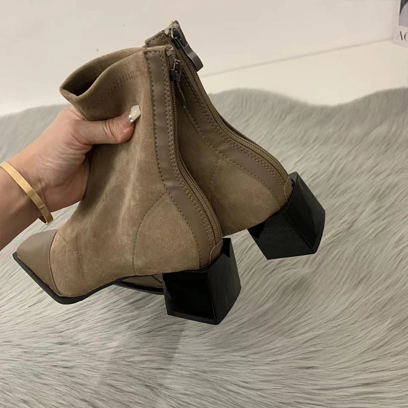 Goth Ankle Women Boots Low Heels Fashion Square-toe Suede Woman Shoes Winter New 2024 Trend Chelsea Platform Dress Mujer Botas