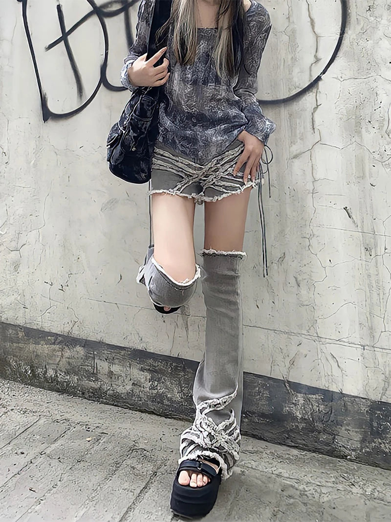 ReddaChic Gyaru Japanese Y2k Harajuku Emo Gray Denim Shorts and Knee-long Socks Women Leg Warmers 2-Piece Set Girl Acubi Fashion