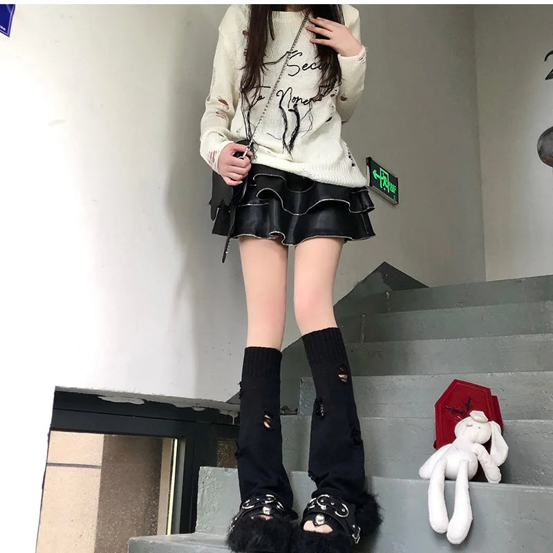 Gothic Women's Hole Leg Warmers Lolita Y2k Girls Long Socks Knitted Leggings Japanese Sweets Kawaii Arm Ankle Warmers Foot Cover