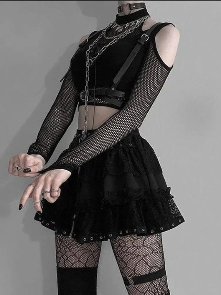 AltGoth Gothic Mesh T-shirt Women Vintage Streetwear Punk Aesthetic Lace Up Patchwork Tee Tops Y2k Open Shoulder Emo Alt Clothes