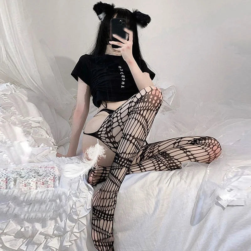 Gothic Lolita Sexy Fishnet Stockings Women Harajuku Emo Alternative Mesh Tights Lingerie Skin Thigh High Garters JK Hosiery