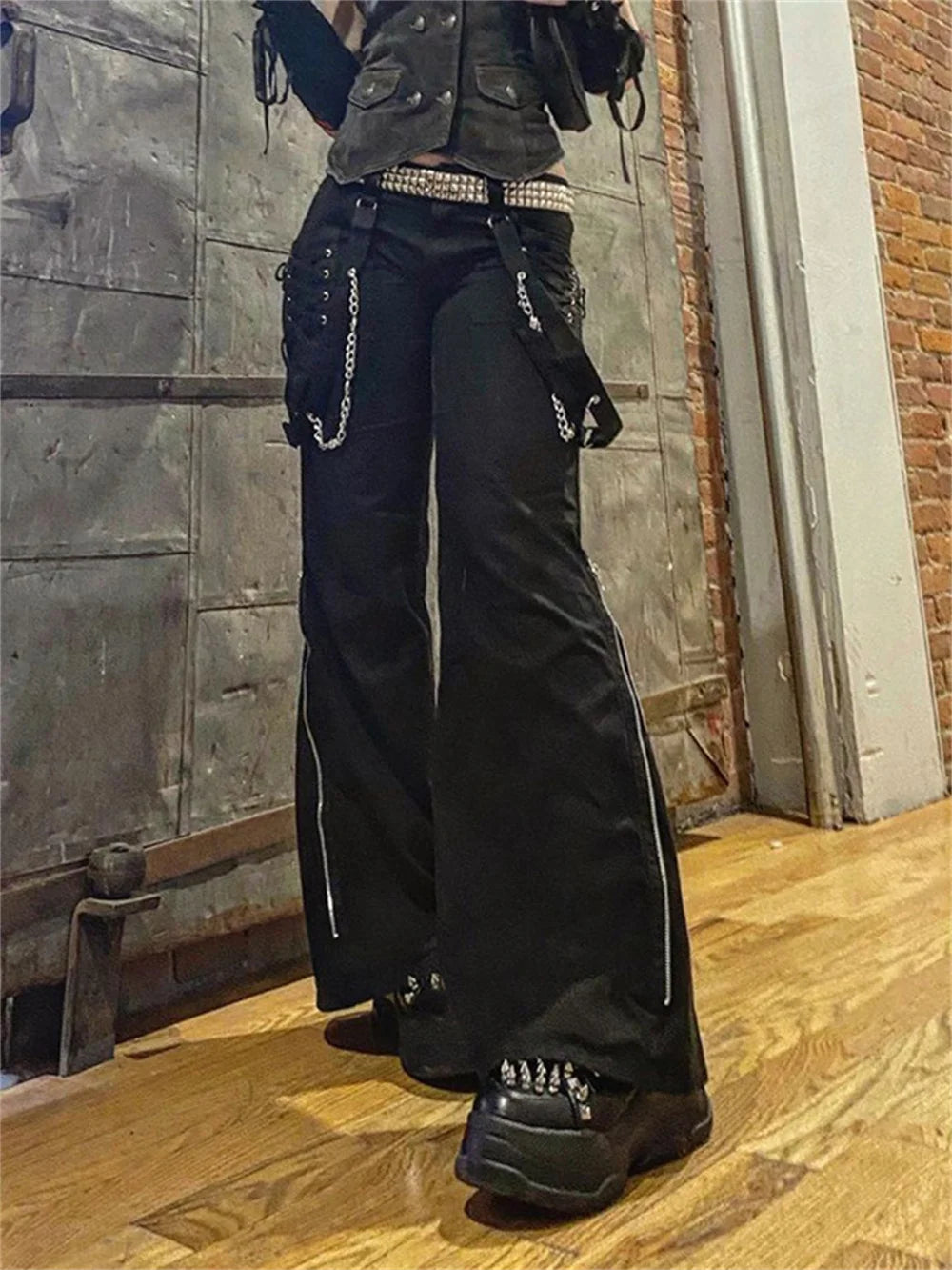 Gothic Alt Black Cargo Pants Chain Rock Punk Cyber Techwear Trousers Womem Low Waist Jogger Tie Up Wide Leg Pants Cyberpunk Pant