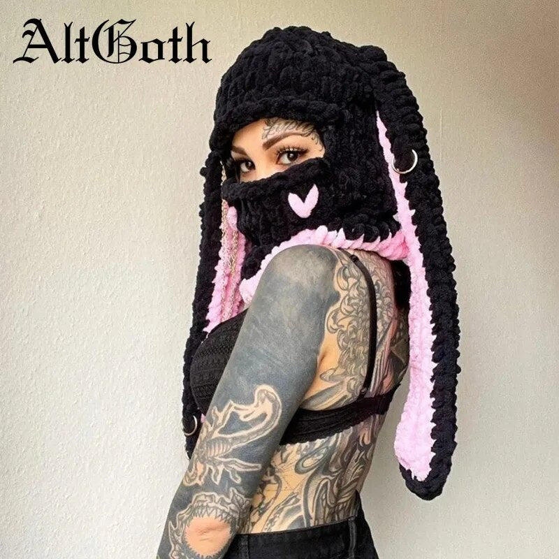 AltGoth Harajuku Cyberpunk Rabbit Knitted Hat Women Thickened Warm Fleece Mask Head Over Beanies Y2k E-girl Emo Alt Skullies