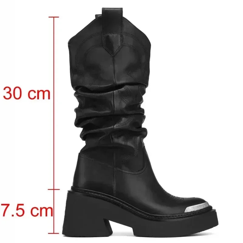 Luxury Brand Motorcycle Women's Calf Boots Platform Chunky High Heels Goth Metal Punk Shoes for Women Winter Comfy Design Boots