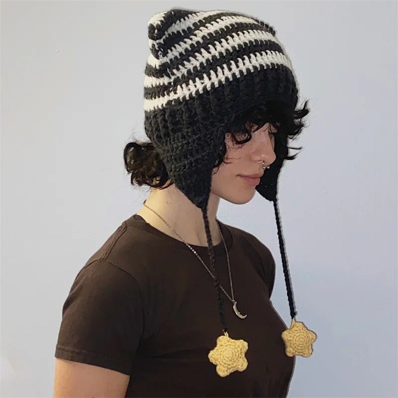 E Girls Gothic Kawaii Cat Ear Stripe Knitted Hats Winter Warm Fairy Grunge Emo Y2K Accessories 00s Retro Crochet Caps Streetwear