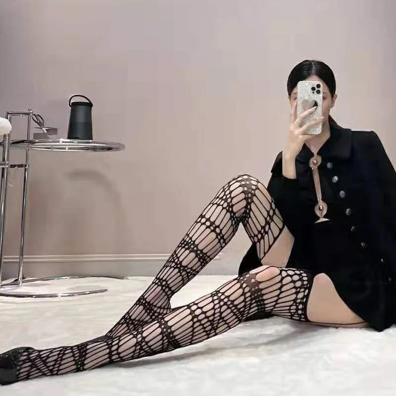 Gothic Lolita Sexy Fishnet Stockings Women Harajuku Emo Alternative Mesh Tights Lingerie Skin Thigh High Garters JK Hosiery