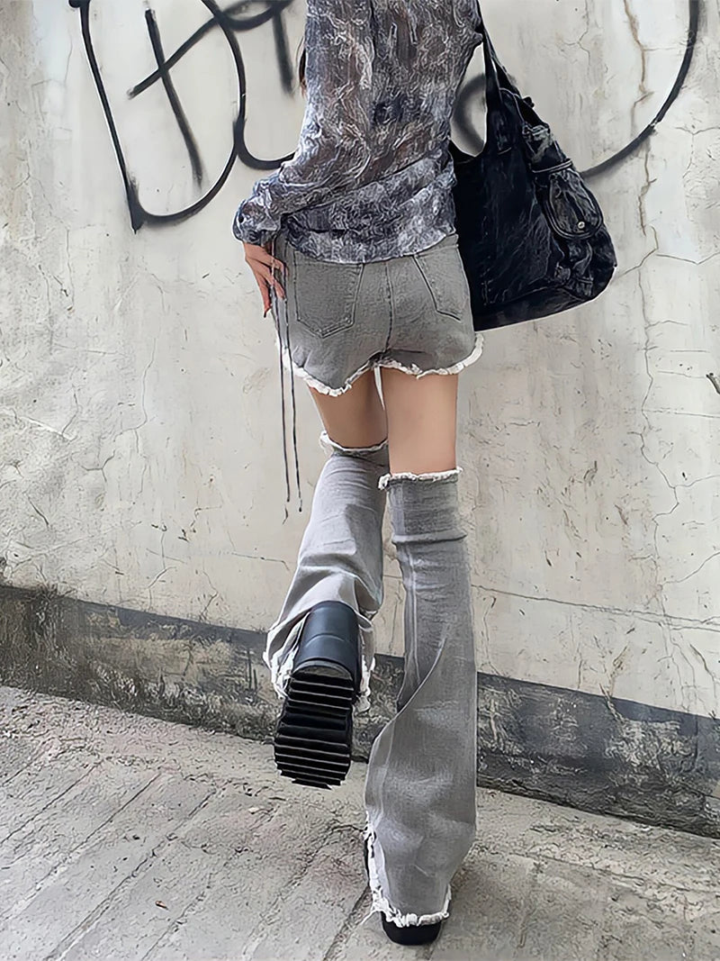 ReddaChic Gyaru Japanese Y2k Harajuku Emo Gray Denim Shorts and Knee-long Socks Women Leg Warmers 2-Piece Set Girl Acubi Fashion