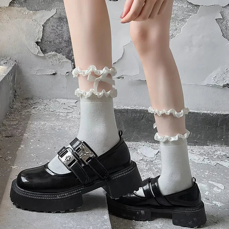 New Design Subculture Gothic Lolita Bowknot Ruffle Lace Cotton Socks JK Fashion Punk Women Soft Cute Anime Princess Long Socks