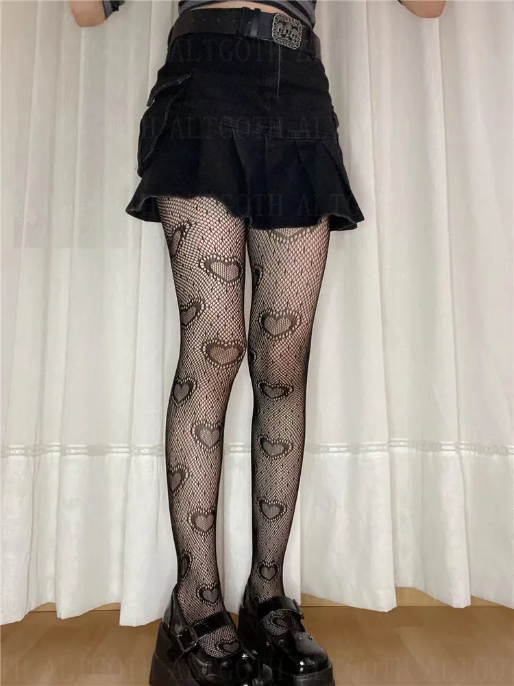 AltGoth Mall Goth Heart Tight Sock Women Cyberpunk Vintage Harajuku Sexy Fishnet Stocking Y2k Emo Alterntive Grunge Lolita Socks