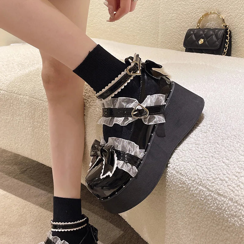 Punk Goth Chunky Platform Pumps Women 2024 Autumn Bowtie Wedges Mary Jane Lolita Shoes Woman Heart Ankle Buckle Black Y2K Shoes