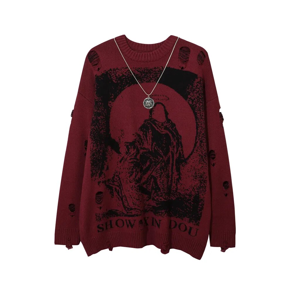 With Necklace Ripped Oversized Sweaters Frayed Knitted Black Goth Men Y2k Grunge Women Vintage Sweater Harajuku Tops Pullovers