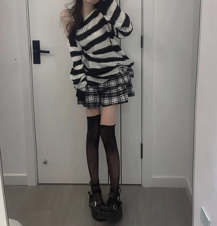 Karrcat Punk Gothic Long Sweater Women Dark Aesthetic Striped Pullovers Hollow Out Oversized Grunge Jumpers Emo Alt Clothes Y2k