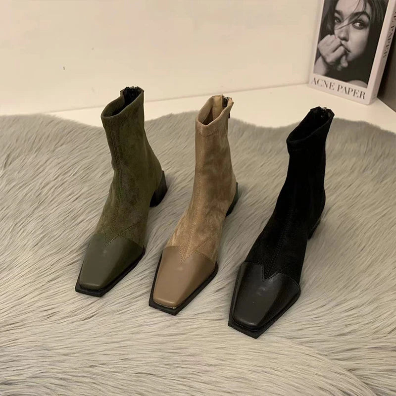 Goth Ankle Women Boots Low Heels Fashion Square-toe Suede Woman Shoes Winter New 2024 Trend Chelsea Platform Dress Mujer Botas