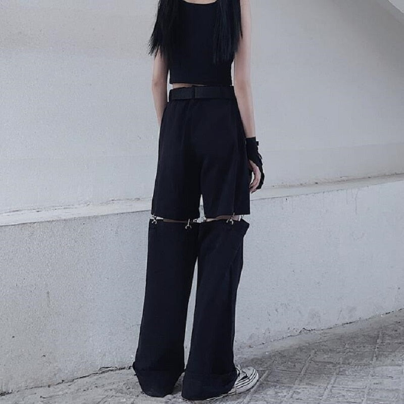 Deeptown Gothic Techwear Emo Black Cargo Pants Women Punk Oversize Hollow Out Wide Leg Pocket Trousers for Female Goth Hip Hop