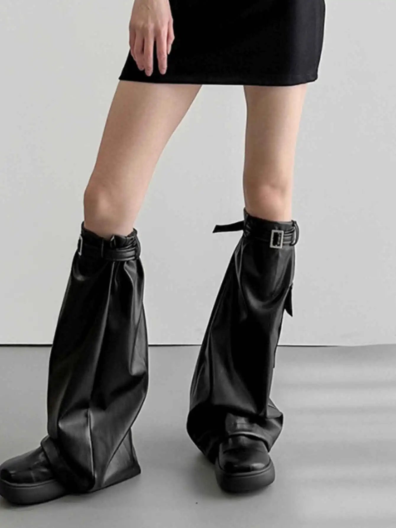 2023 Emo Black Faux Leather Girl Boots Cover Cargo Pockets Basic Solid Thigh-high Socks Long Flare Leg Warmers Women's Gaiter