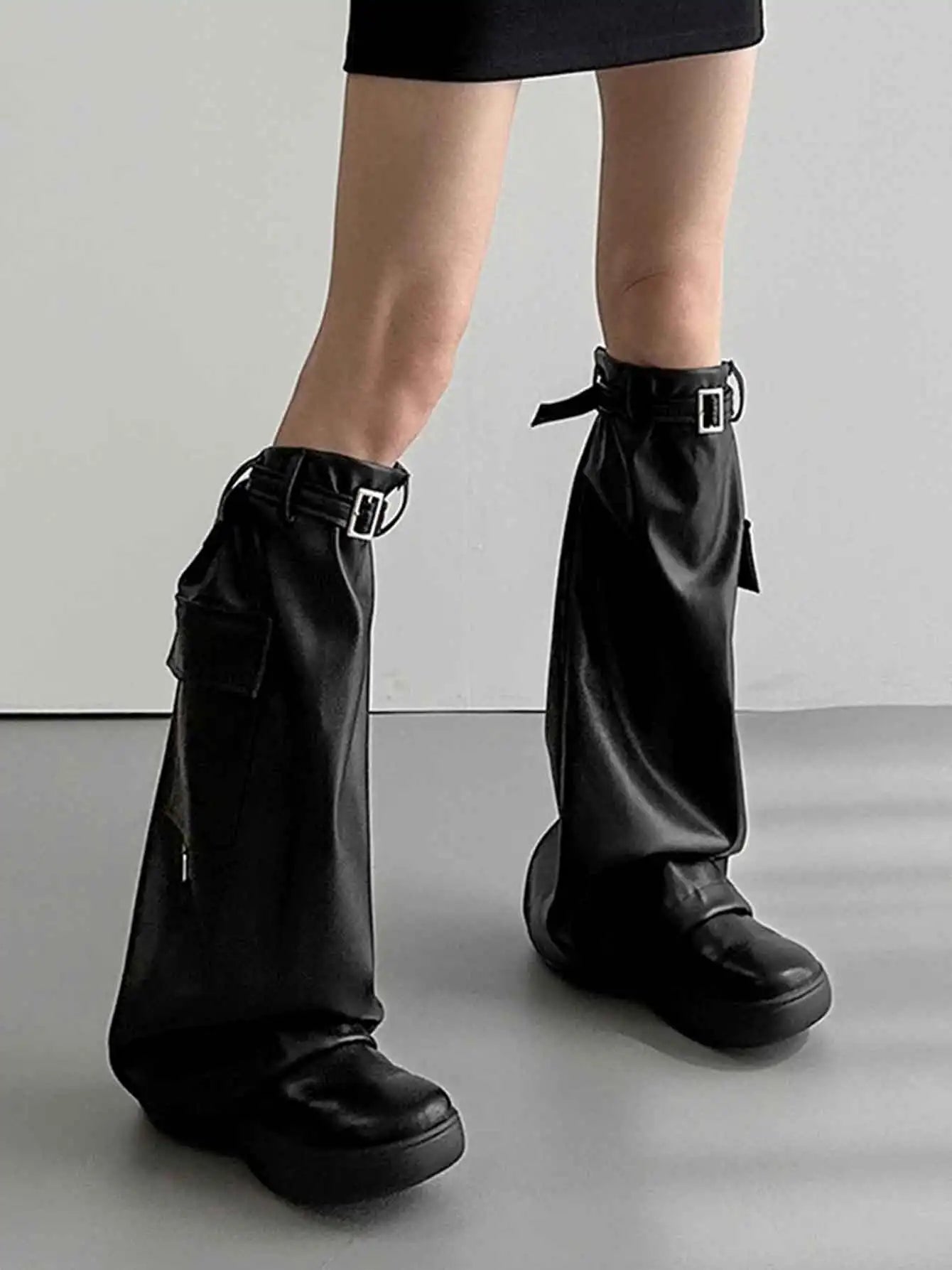 2023 Emo Black Faux Leather Girl Boots Cover Cargo Pockets Basic Solid Thigh-high Socks Long Flare Leg Warmers Women's Gaiter