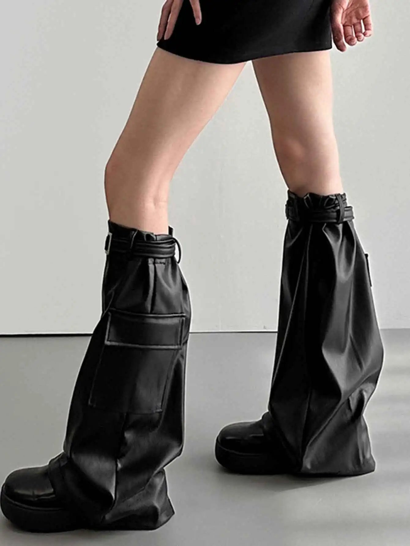 2023 Emo Black Faux Leather Girl Boots Cover Cargo Pockets Basic Solid Thigh-high Socks Long Flare Leg Warmers Women's Gaiter