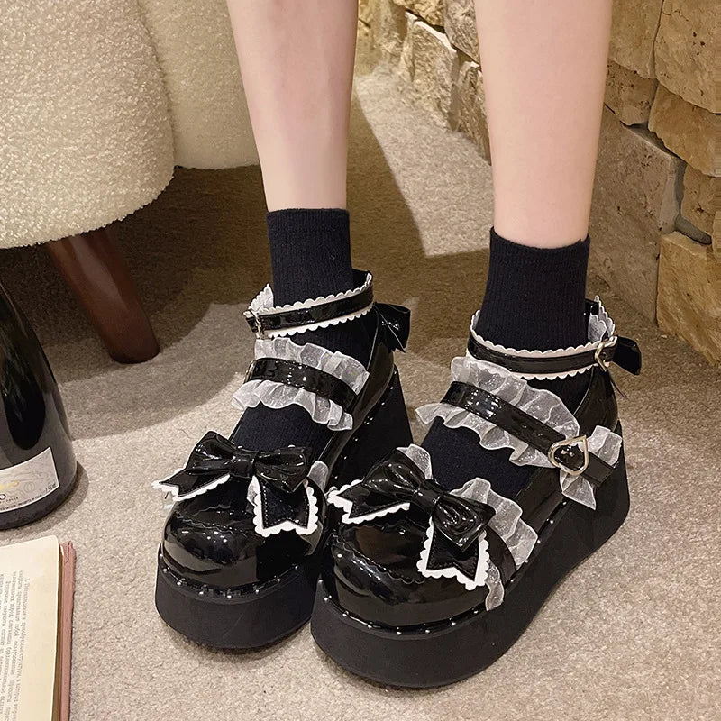 Punk Goth Chunky Platform Pumps Women 2024 Autumn Bowtie Wedges Mary Jane Lolita Shoes Woman Heart Ankle Buckle Black Y2K Shoes