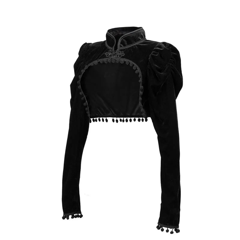 Flannel Tassels Stand Collar Extra Short Medieval Steampunk Jacket Women Gothic Coat Black y2k Clothes Vintage Top With Sleeves