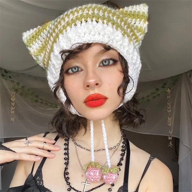 E Girls Gothic Kawaii Cat Ear Stripe Knitted Hats Winter Warm Fairy Grunge Emo Y2K Accessories 00s Retro Crochet Caps Streetwear