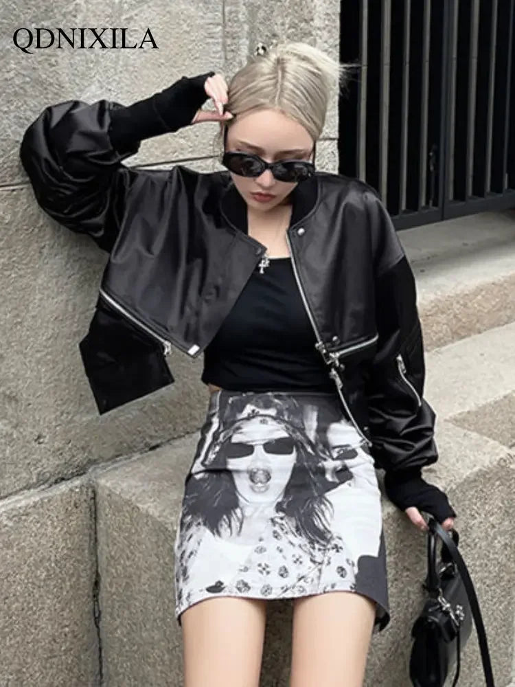 Women's Jacket Black Zipper Cropped Jacket Loose Long Sleeve Baseball Uniform New Outerwear Korean Women's Clothes Bomber Jacket