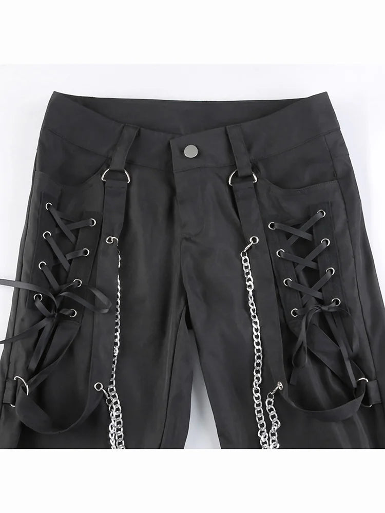 Gothic Alt Black Cargo Pants Chain Rock Punk Cyber Techwear Trousers Womem Low Waist Jogger Tie Up Wide Leg Pants Cyberpunk Pant