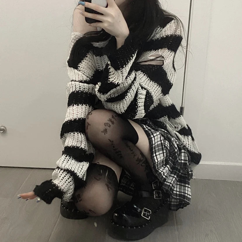 Karrcat Punk Gothic Long Sweater Women Dark Aesthetic Striped Pullovers Hollow Out Oversized Grunge Jumpers Emo Alt Clothes Y2k