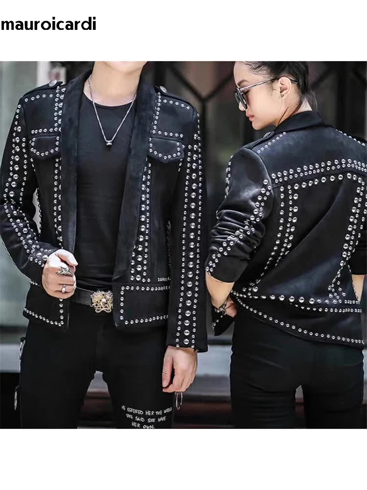 Mauroicardi Spring Autumn Cool Studded Short Black Faux Suede Leather Jacket Men Luxury Designer Emo Night Club Wear Clothes